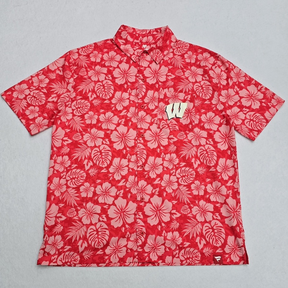 Fanatics Wisconsin Badgers Mens Large Red Floral Hibiscus Aloha Button Down